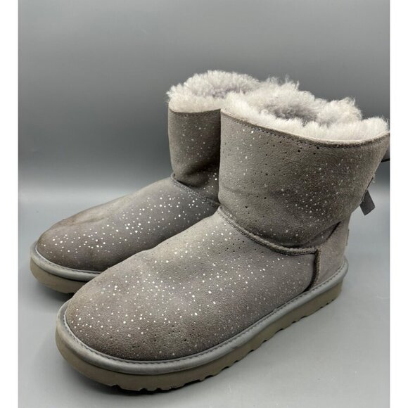 UGG Mini Bailey Bow Gray Sparkle Shearling Bow Boot 6 Womens Winter Suede - Picture 1 of 8